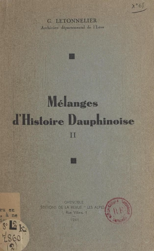 Mélanges d'histoire dauphinoise (2) - Gaston Letonnelier - FeniXX réédition numérique