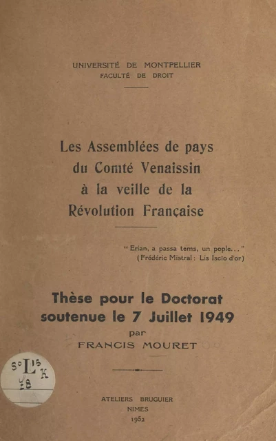 Les assemblées de pays du Comté Venaissin à la veille de la Révolution française - Francis Mouret - FeniXX réédition numérique