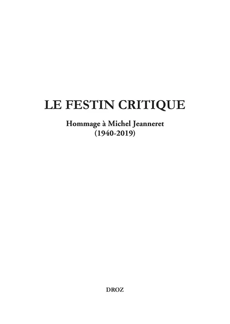 Le Festin critique - Jérôme David, Radu Suciu - Librairie Droz