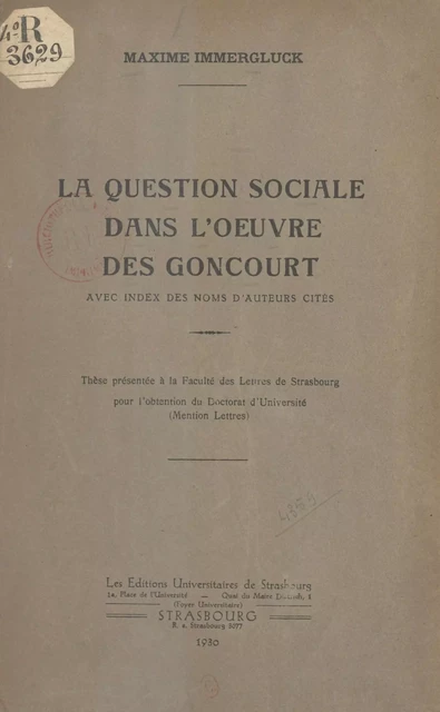 La question sociale dans l'œuvre des Goncourt - Maxime Immergluck - FeniXX réédition numérique