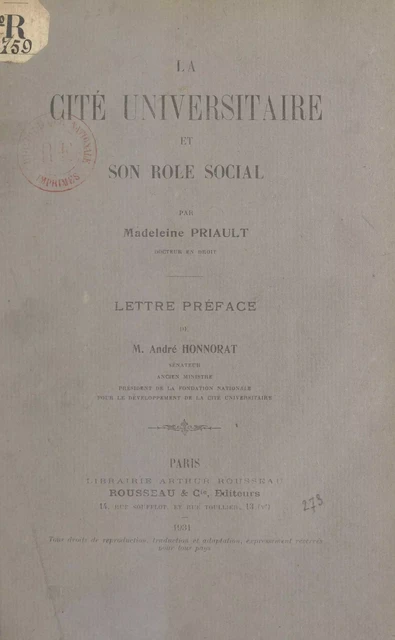 La cité universitaire et son rôle social - Madeleine Priault - FeniXX réédition numérique