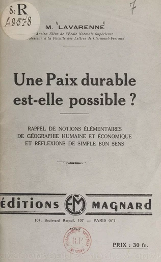 Une paix durable est-elle possible ? - M. Lavarenne - FeniXX réédition numérique