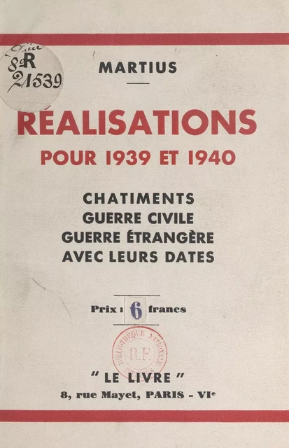 Réalisations pour 1939 et 1940 -  Martius - FeniXX réédition numérique