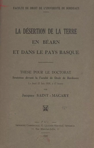 La désertion de la terre en Béarn et dans le Pays basque - Jacques Saint-Macary - FeniXX réédition numérique