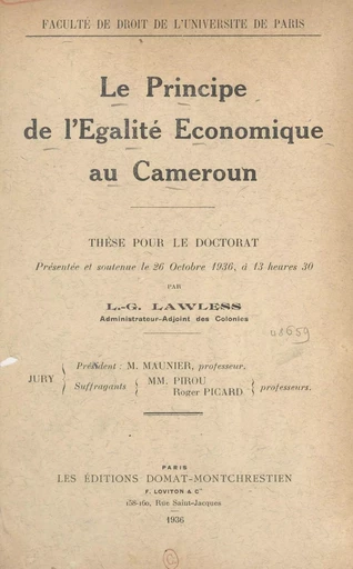 Le principe de l'égalité économique au Cameroun - L.-G. Lawless - FeniXX réédition numérique