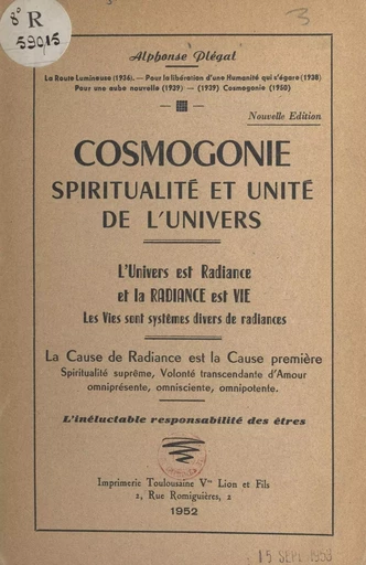 Cosmogonie, spiritualité et unité de l'univers - Alphonse Plégat - FeniXX réédition numérique