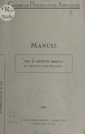 Test de dextérité manuelle de l'Université du Minnesota -  Centre de psychologie appliquée - FeniXX réédition numérique