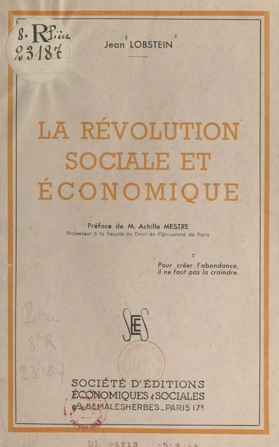 La révolution sociale et économique - Jean Lobstein - FeniXX réédition numérique