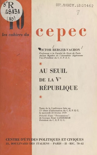 Au seuil de la Ve République - Victor Berger-Vachon - FeniXX réédition numérique