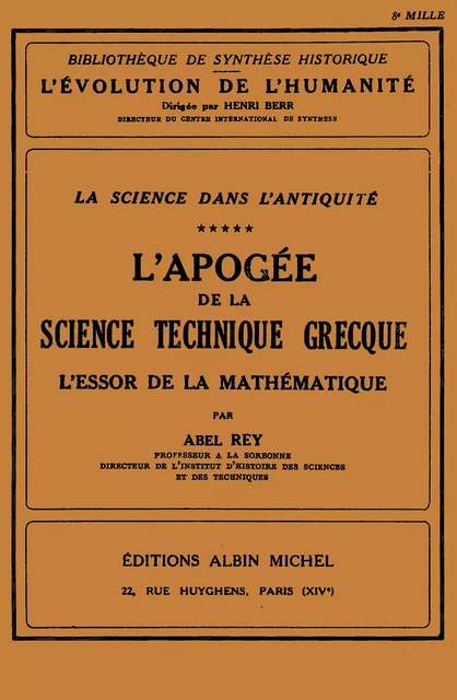 L'Apogée de la science technique grecque - Abel Rey - Albin Michel