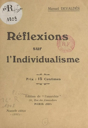 Réflexions sur l'individualisme - Manuel Devaldès - FeniXX réédition numérique