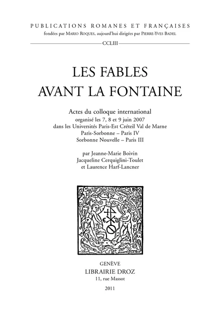 Les Fables avant La Fontaine -  - Librairie Droz