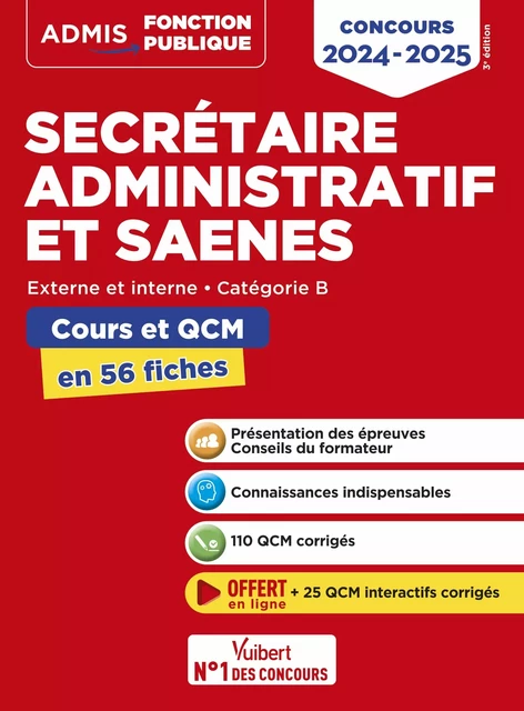 Concours Secrétaire administratif et SAENES - Catégorie B - Cours et QCM en 56 fiches - René Guimet - Vuibert