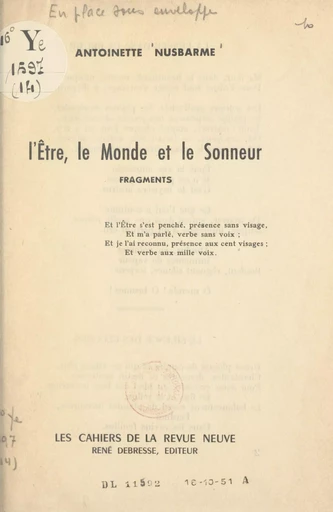 L'Être, le monde et le sonneur - Antoinette Nusbarme - FeniXX réédition numérique