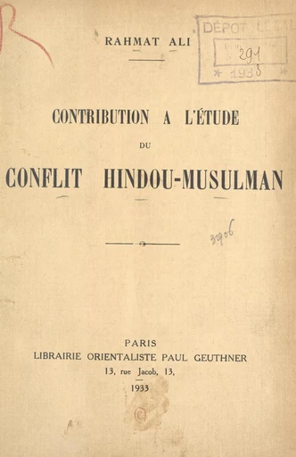 Contribution à l'étude du conflit hindou-musulman - Rahmat Ali - FeniXX réédition numérique