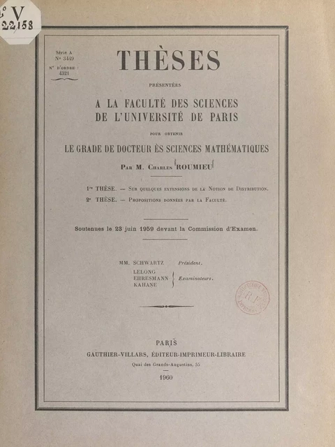 Sur quelques extensions de la notion de distribution - Charles Roumieu - FeniXX réédition numérique