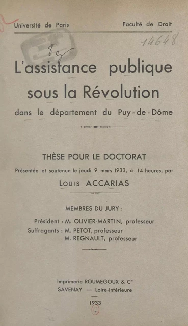 L'Assistance publique sous la Révolution dans le département du Puy-de-Dôme - Louis Accarias - FeniXX réédition numérique