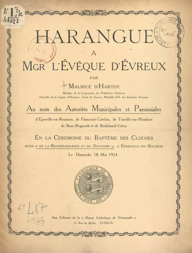 Harangue à Mgr l'Évêque d'Évreux au nom des autorités municipales et paroissiales d'Épreville-en-Roumois, de Flancourt-Catelon, de Touville-sur-Montfort, de Bose-Regnoult et de Bosbénard-Crécy - Maurice d'Hartoy - FeniXX réédition numérique