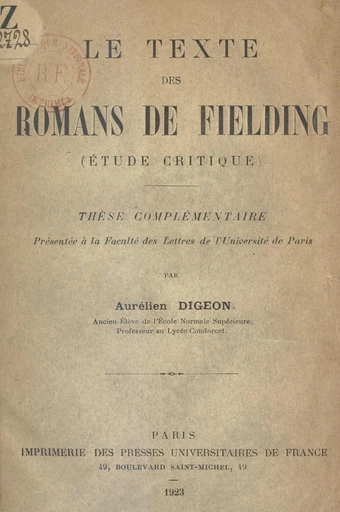 Le texte des romans de Fielding (étude critique) - Aurélien Digeon - FeniXX réédition numérique