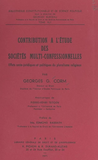 Contribution à l'étude des sociétés multi-confessionnelles - Georges Corm - FeniXX réédition numérique