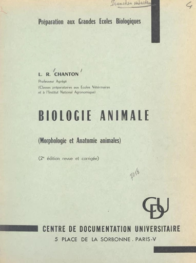 Biologie animale (morphologie et anatomie animales) - Robert L. Chanton - FeniXX réédition numérique