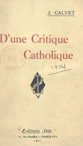 D'une critique catholique - Jean Calvet - FeniXX réédition numérique