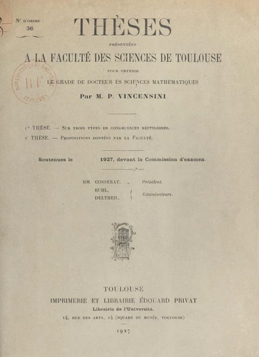 Sur trois types de congruences rectilignes - Paul Vincensini - FeniXX réédition numérique