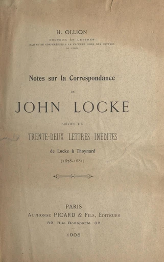 Notes sur la correspondance de John Locke - Henri Ollion - FeniXX réédition numérique