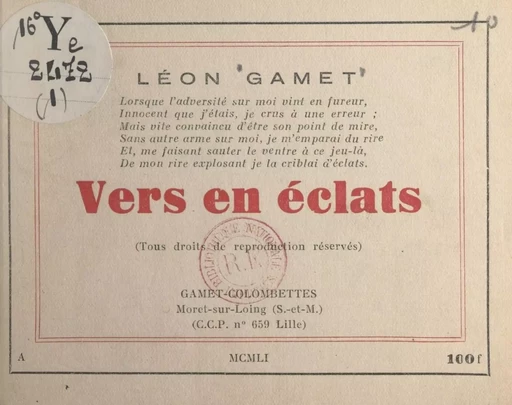 Vers en éclats - Léon Gamet - FeniXX réédition numérique