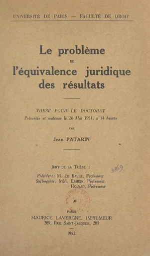 Le problème de l'équivalence juridique des résultats - Jean Patarin - FeniXX réédition numérique