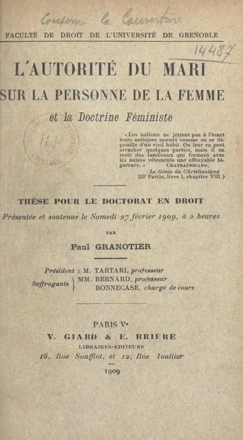 L'autorité du mari sur la personne de la femme et la doctrine féministe - Paul Granotier - FeniXX réédition numérique