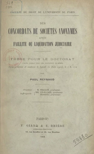 Des concordats de sociétés anonymes après faillite ou liquidation judiciaire - Paul Reynaud - FeniXX réédition numérique