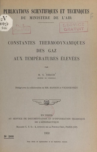 Constantes thermodynamiques des gaz aux températures élevées - Numa Manson, Gustave Ribaud, Rostislav Vichnievsky - FeniXX réédition numérique