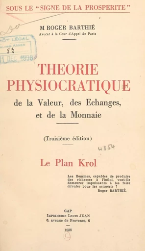 Théorie physiocratique de la valeur, des échanges et de la monnaie - Roger Barthié - FeniXX réédition numérique