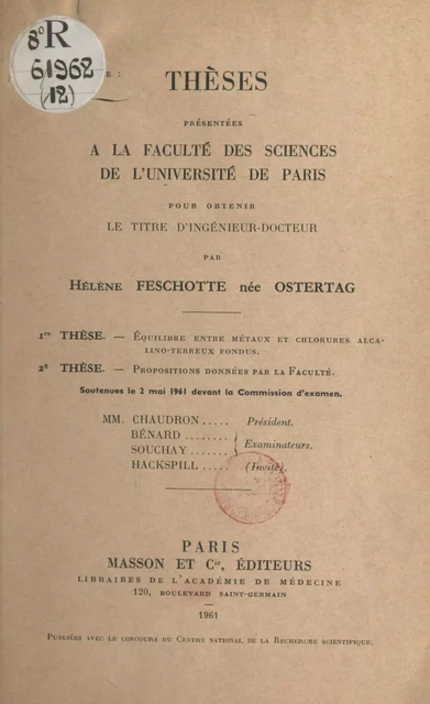 Équilibre entre métaux et chlorures alcalino-terreux fondus - Hélène Feschotte - FeniXX rédition numérique