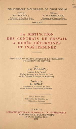 La distinction des contrats de travail à durée déterminée et indéterminée - Guy Poulain - FeniXX réédition numérique