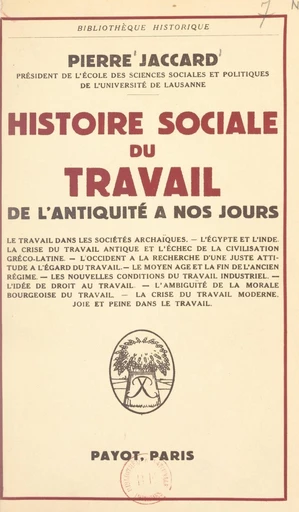 Histoire sociale du travail - Pierre Jaccard - FeniXX réédition numérique