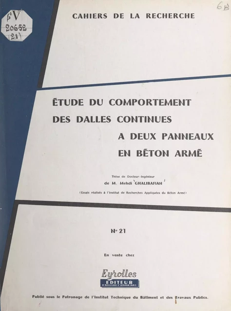 Étude du comportement des dalles continues à deux panneaux en béton armé - Mehdi Ghalibafian - FeniXX réédition numérique