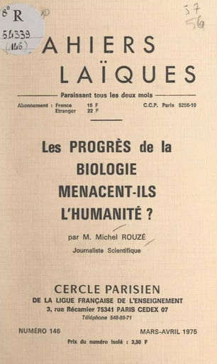 Les progrès de la biologie menacent-ils l'humanité ? - Michel Rouzé - FeniXX réédition numérique