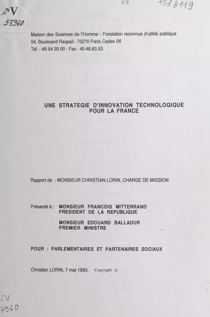 Une stratégie d'innovation technologique pour la France - Christian Lorin - FeniXX réédition numérique