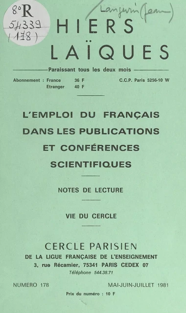 L'emploi du français dans les publications et conférences scientifiques -  Cercle parisien de la Ligue française de l'enseignement - FeniXX réédition numérique