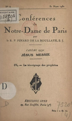 Carême 1930, Jésus Messie (4). Le témoignage des prophètes - Henry Pinard de La Boullaye - FeniXX réédition numérique