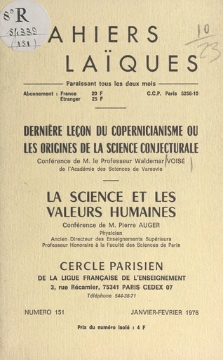 Dernière leçon du copernicianisme ou les origines de la science conjecturale - Pierre Auger, Waldemar Voisé - FeniXX réédition numérique