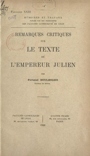 Remarques critiques sur le texte de l'empereur Julien - Fernand Boulenger - FeniXX réédition numérique