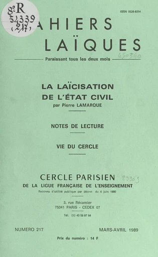 La laïcisation de l'État civil - Pierre Lamarque - FeniXX réédition numérique