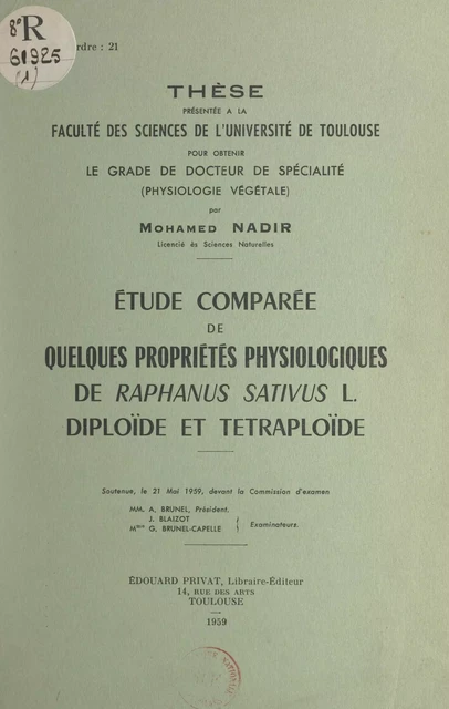 Étude comparée de quelques propriétés physiologiques de Raphanus Sativus L. diploïde et tétraploïde - Mohamed Nadir - FeniXX réédition numérique