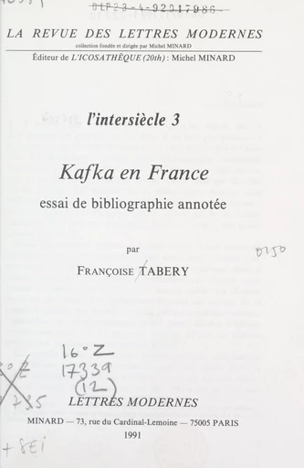 L'intersiècle (3). Kafka en France - Françoise Tabery - FeniXX réédition numérique