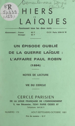 Un épisode oublié de la guerre laïque : l'affaire Paul Robin (1894) - Christiane Demeulenaere-Douyère - FeniXX réédition numérique