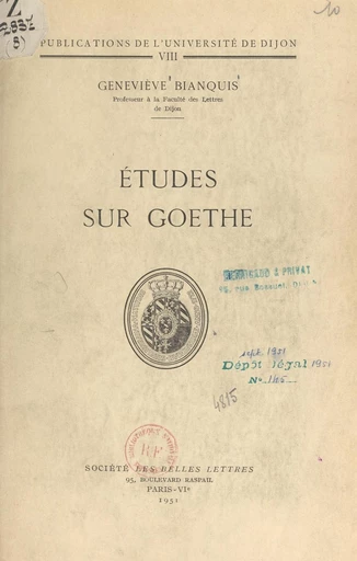 Études sur Goethe - Geneviève Bianquis - FeniXX réédition numérique