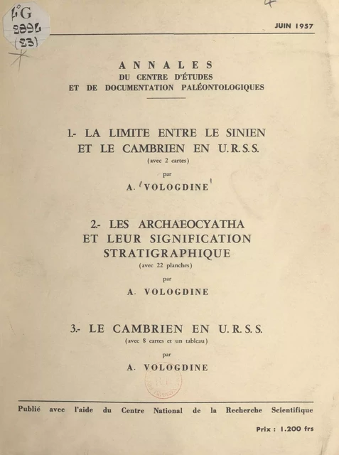 La limite entre le Sinien et le Cambrien en U.R.S.S. (1) - A. Vologdine - FeniXX réédition numérique